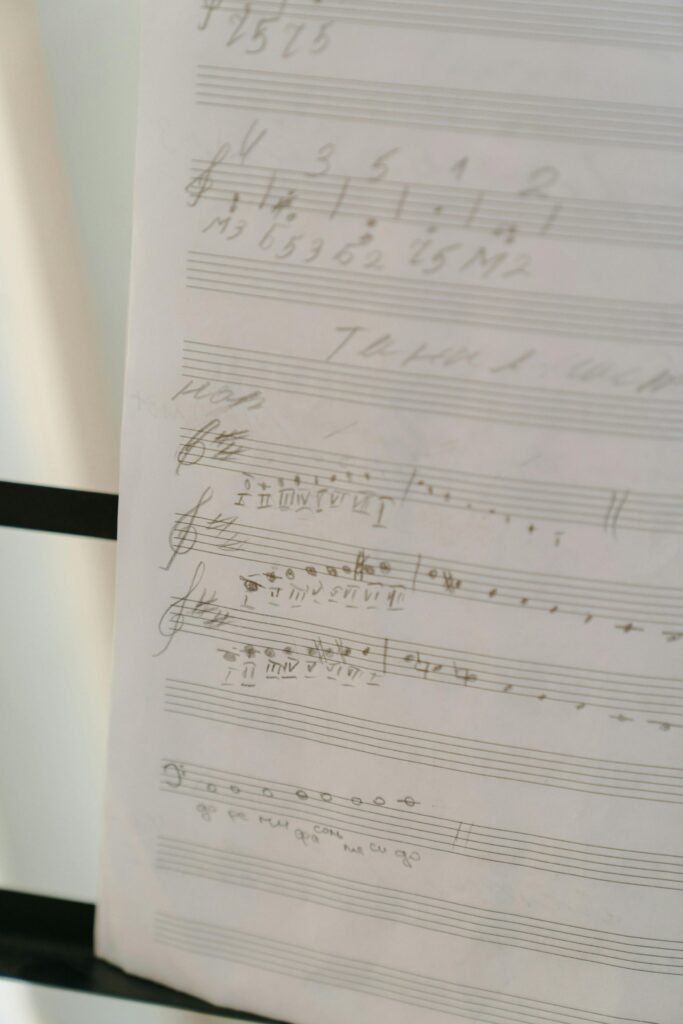 Detailed image of a handwritten music sheet on a stand, showcasing musical notations and symbols.